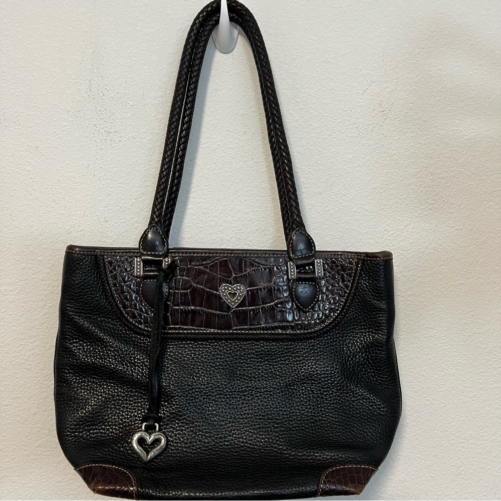 Brighton Pebble Leather Crocodile Detail Heart Charm Braided Shoulder Handle Bag